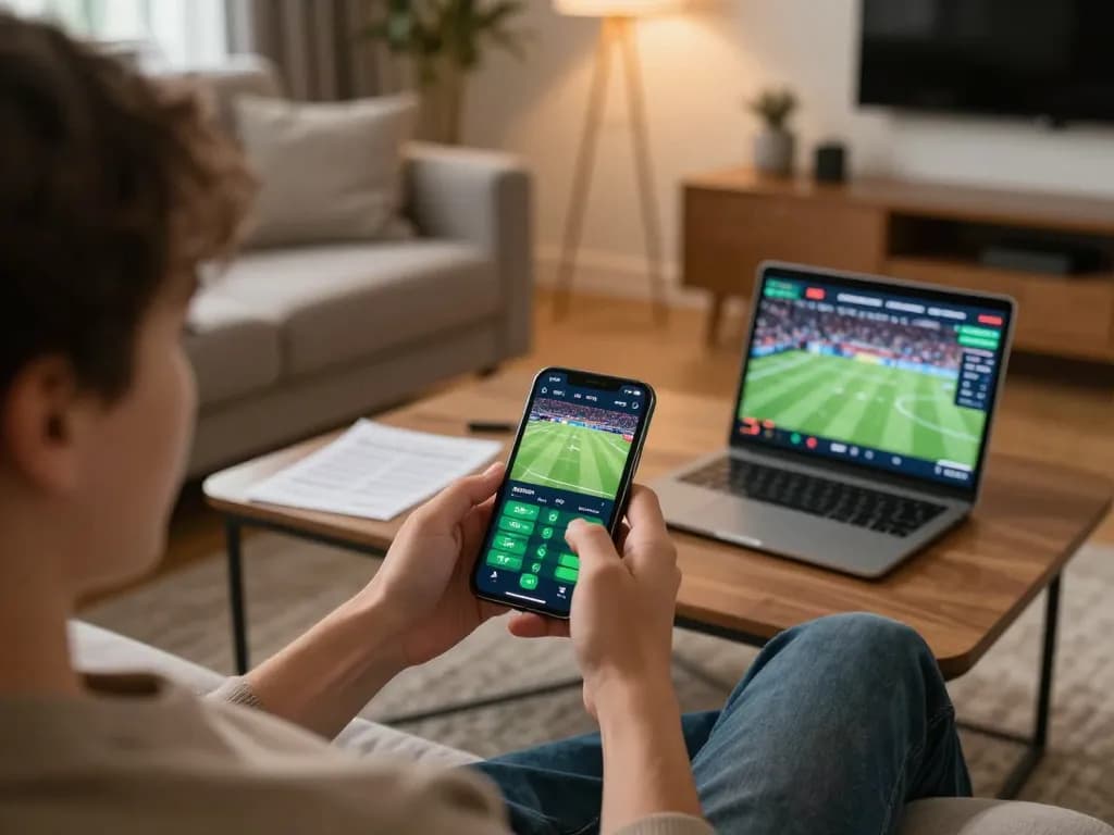 Engaging in sports betting on a smartphone while enjoying home comfort with sun win app