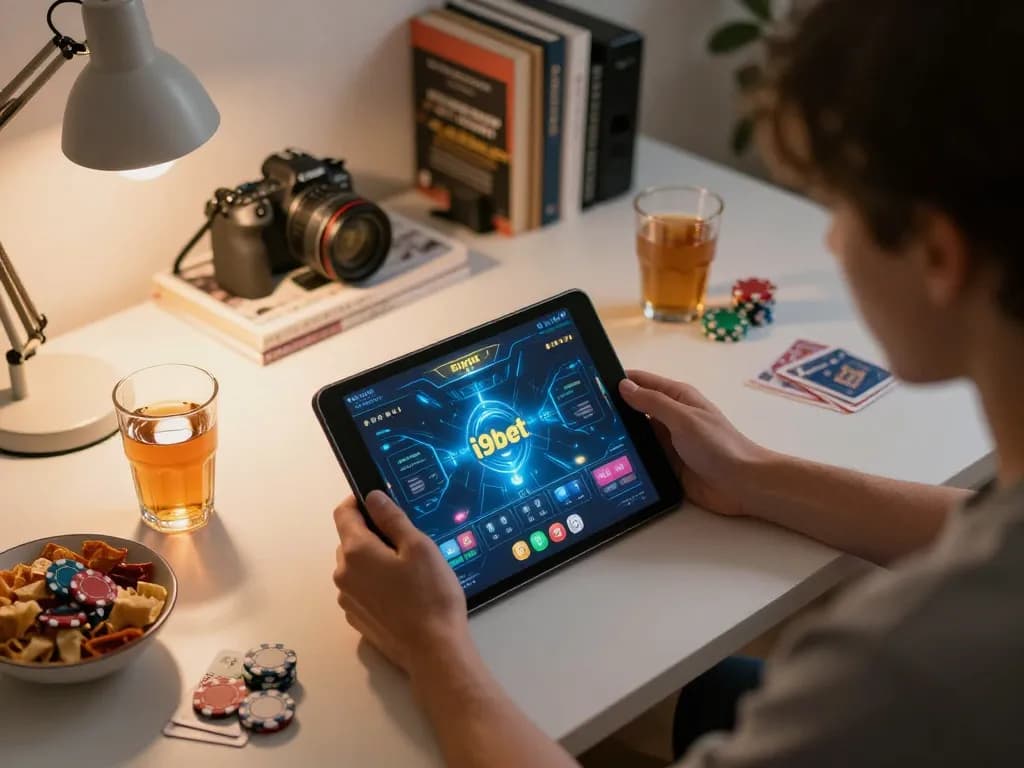 Engaging gaming session at home using i9bet's tablet interface, showcasing vibrant graphics and a welcoming atmosphere.