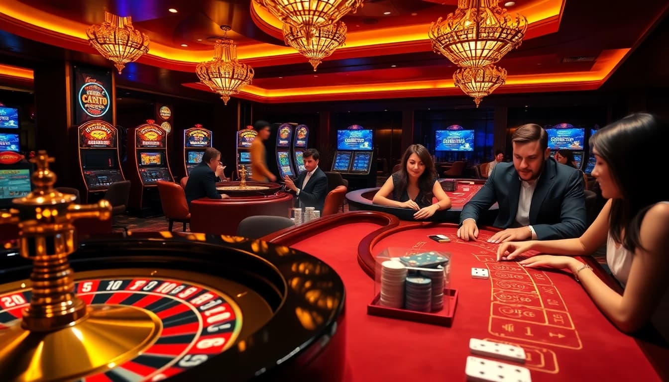 Exciting casino action with gambling elements reflecting xx88csn com, featuring poker, roulette, and slots.