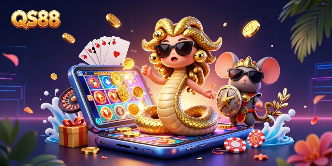 Players engage in thrilling gameplay at QS88 online casino, enjoying spinning slot reels and vibrant casino elements.
