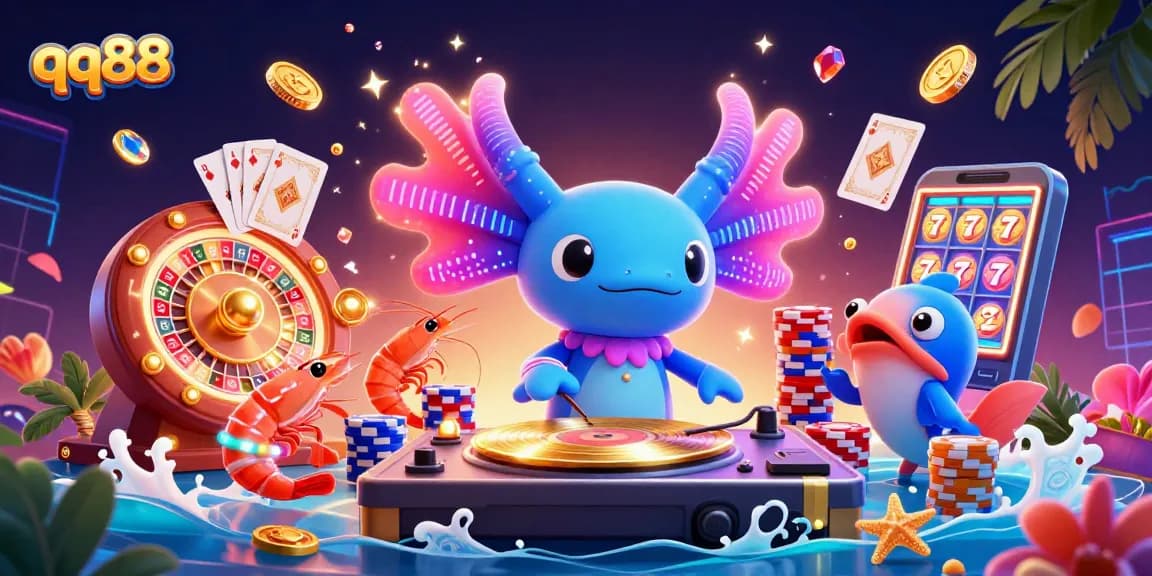 Experience thrilling gameplay at qq88 with an imaginative 3D casino scene featuring vibrant characters and gaming elements.