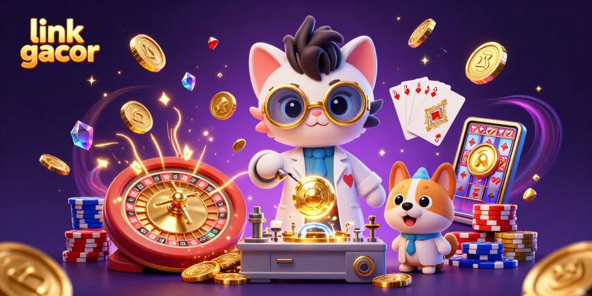 Engaging scene depicting link gacor with a mad scientist cat and loyal dog in a casino lab creating winning strategies.