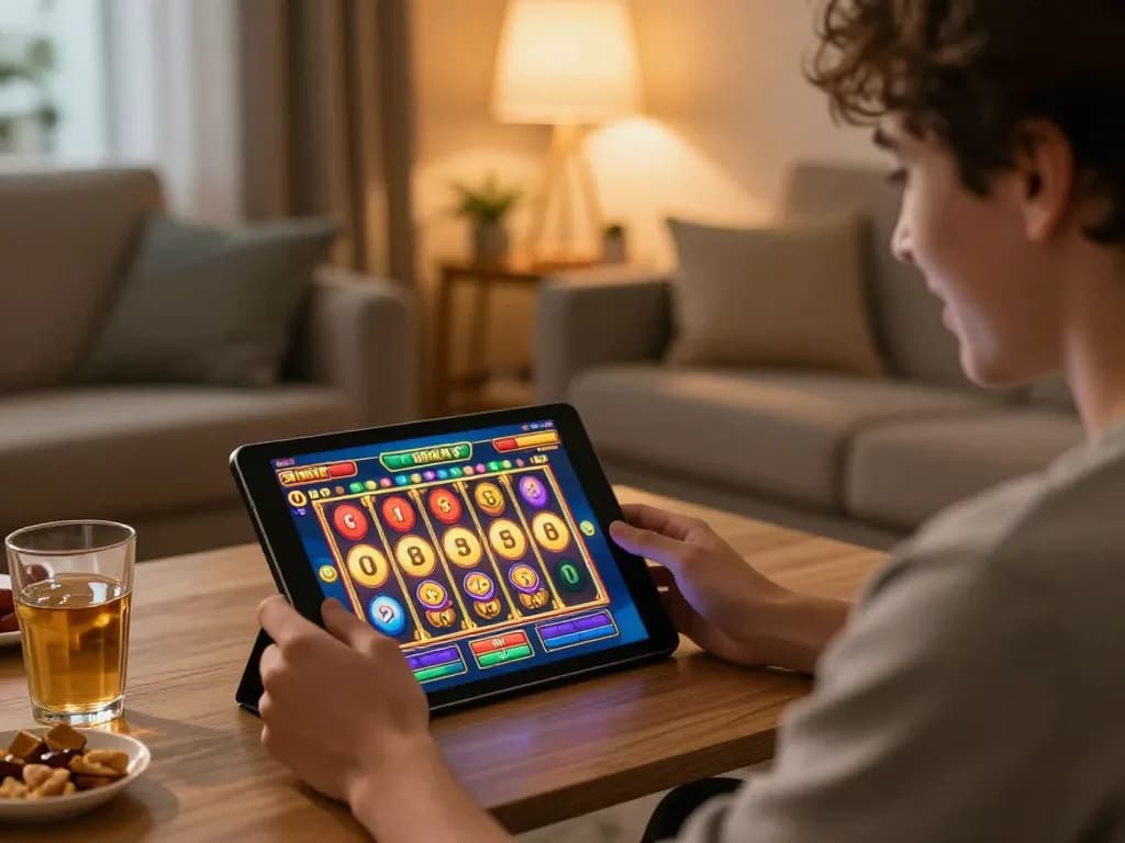Player engaging in an exciting slot game on a tablet at home, showcasing vibrant reels and cozy atmosphere.