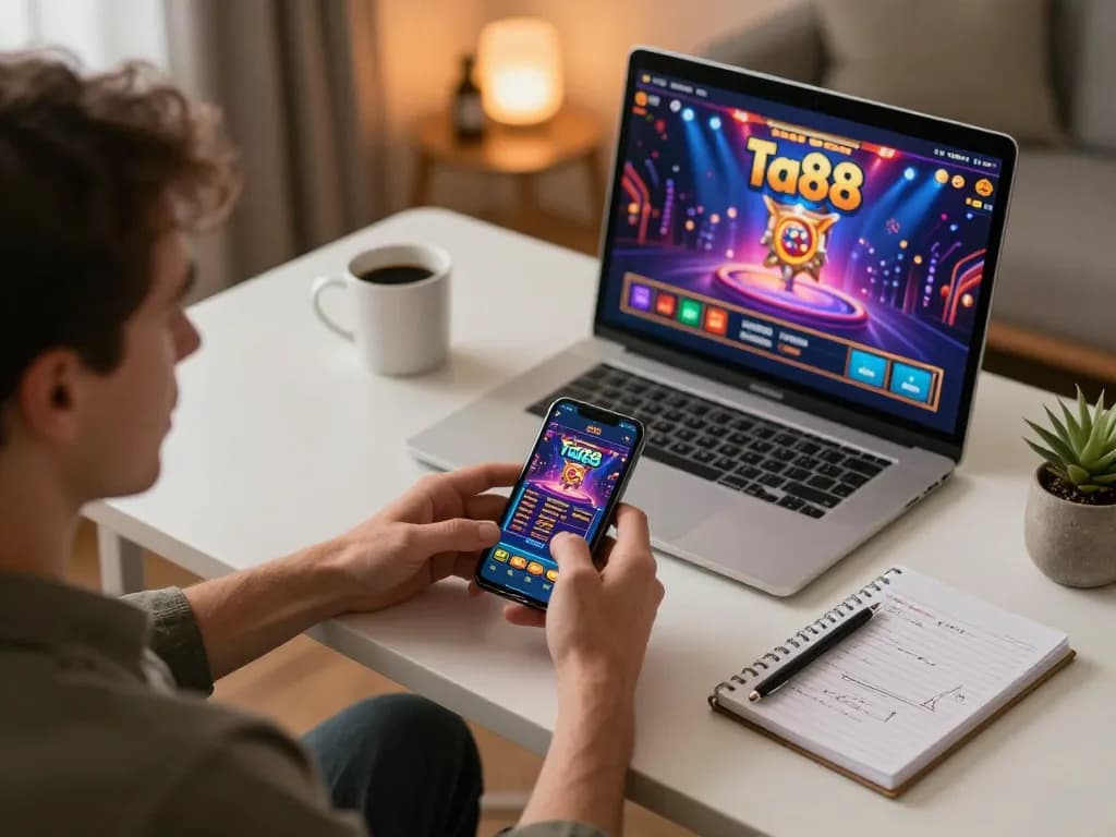 Player excitedly engaging in mobile gaming on the ta88 app in a cozy home setting, showcasing responsible gambling.