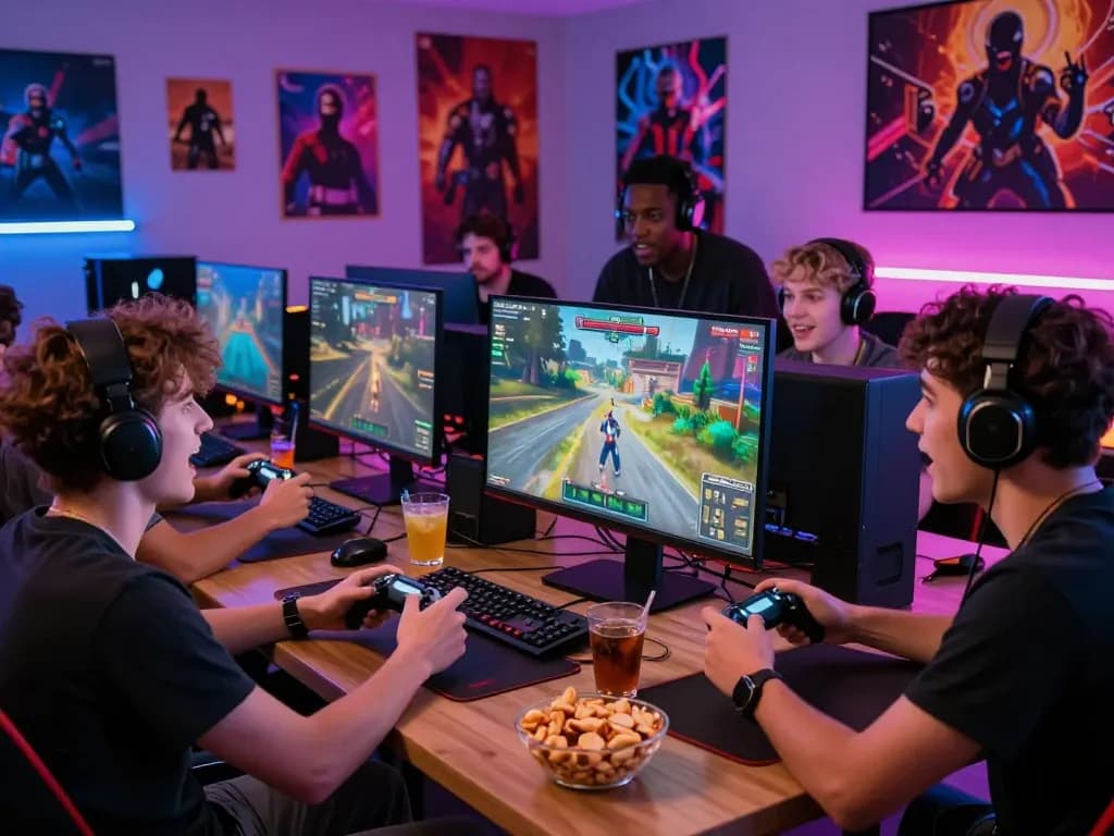 Friends excitedly playing in vibrant gaming room, showcasing tải game rik vip and community fun.