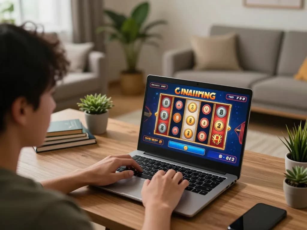 Person spinning a slot online game on a laptop in a cozy home office.