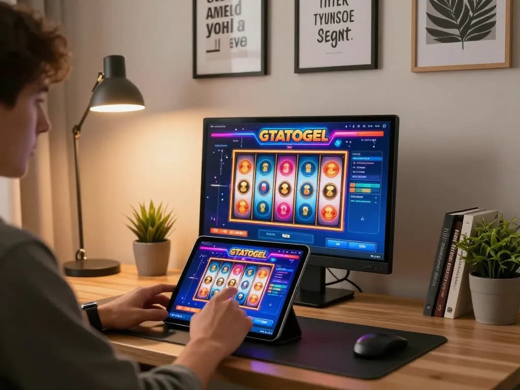 Player enjoying a gtatogel slot machine session on tablet, immersed in a modern gaming atmosphere