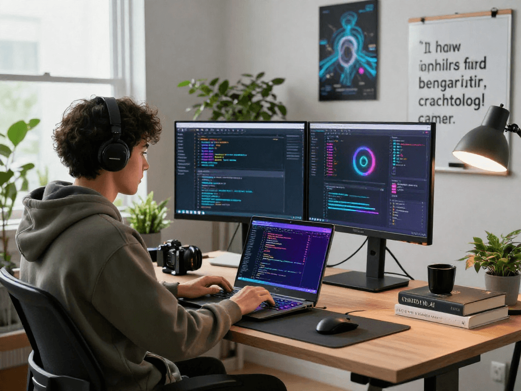 Developer coding in a modern workspace focusing on spicy ai technology with vibrant interface design.