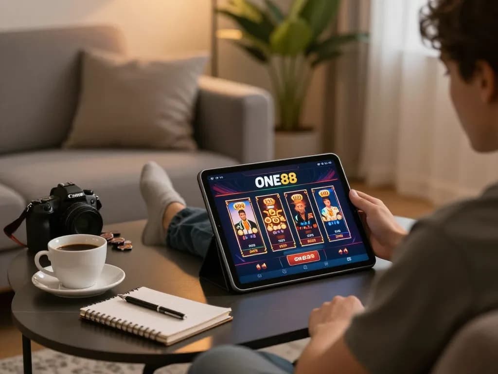 Engaging with the ONE88 casino app on a tablet in a cozy home setting