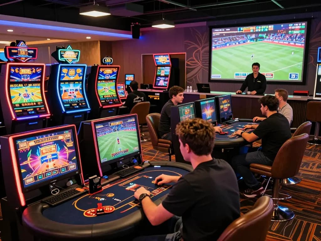 Exciting online gaming experience at 32win with players at slot machines and virtual tables.