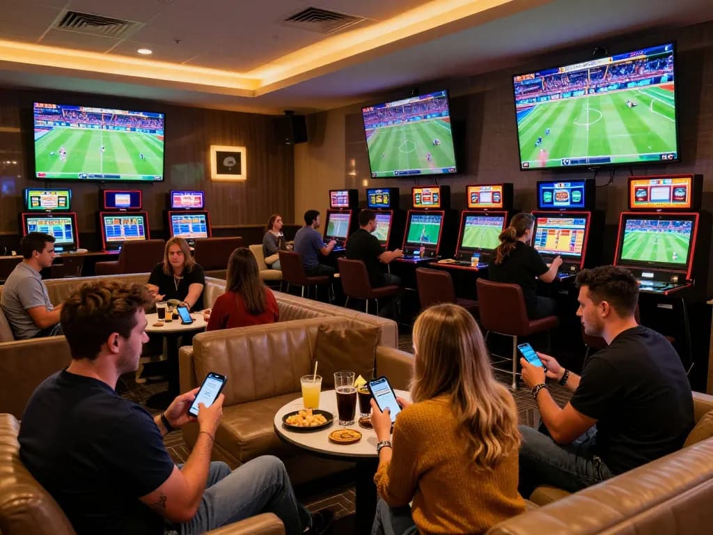 Patrons engaging in mpo sport betting at a stylish lounge with live sports on screens.