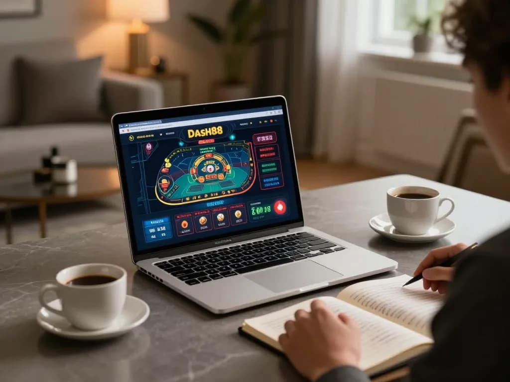 Engaging moment of a user playing dash88 online casino at home, showcasing strategy and focus.