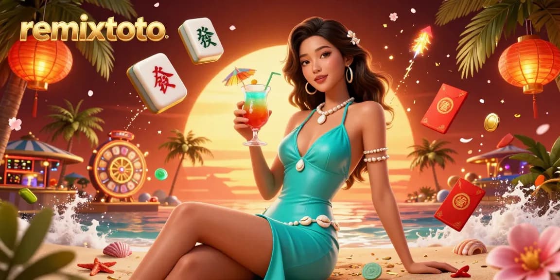 Play exciting games at remixtoto, featuring vibrant scenes of a tropical casino with festive decorations.