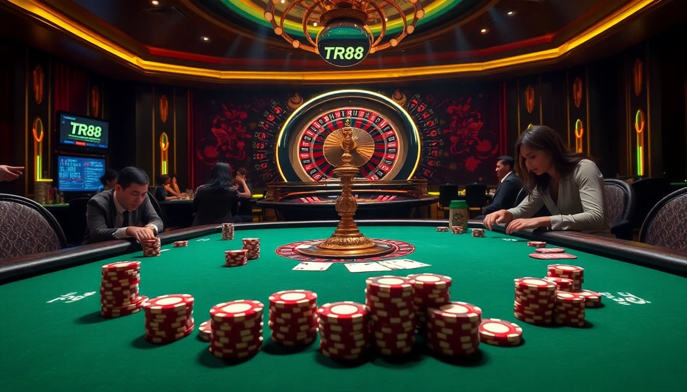 Engage with high-stakes poker at a vibrant casino featuring TR88 elements, showcasing excitement and professional atmosphere.