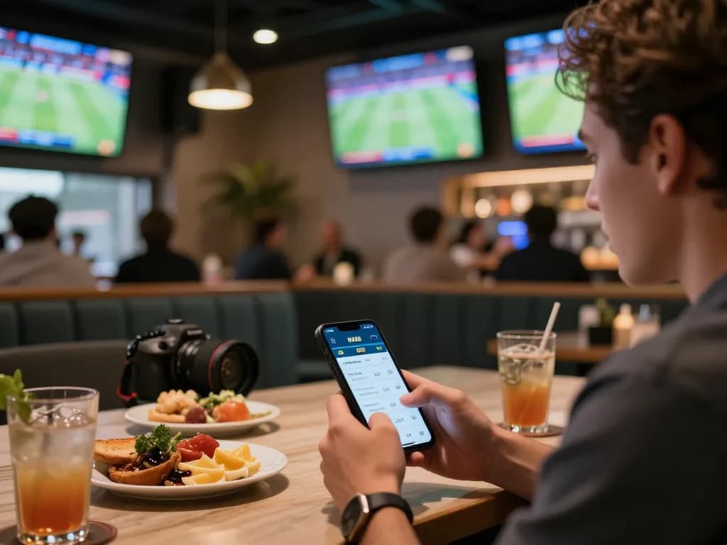 Person engaged in sports betting with RR88 app on smartphone in a lively sports bar.