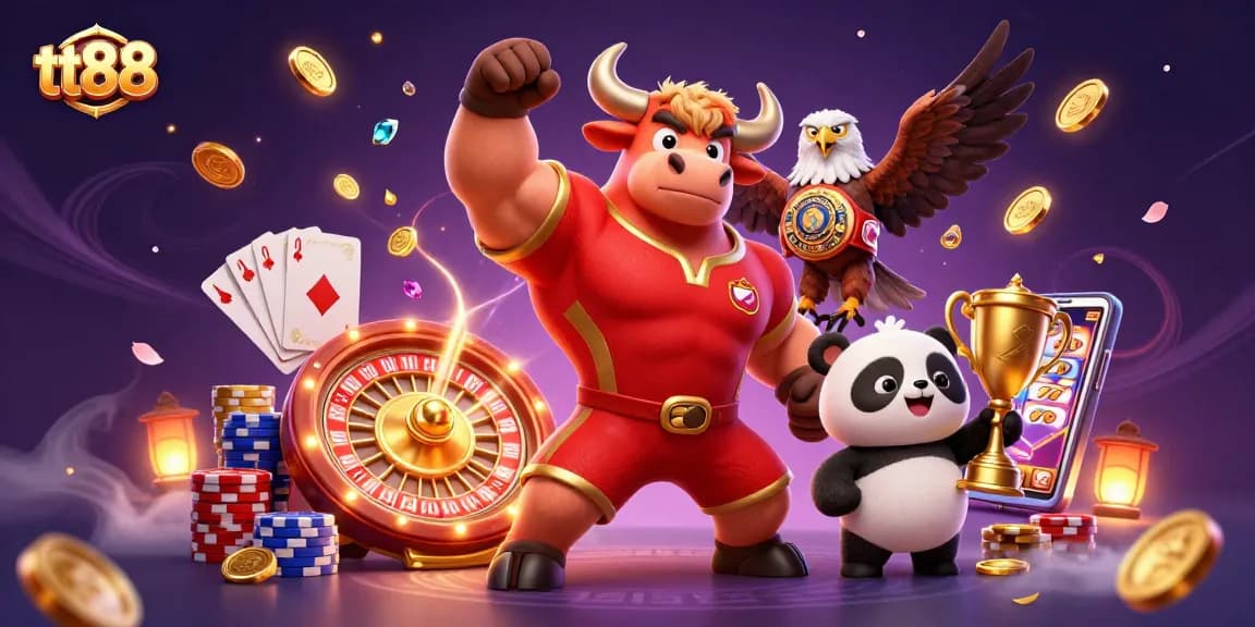 Engage with tt88 through dynamic winnings, featuring a joyous panda, fierce eagle, and victorious bull in a vibrant casino scene.