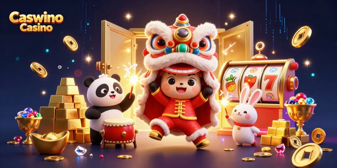 Engage with Caswino Casino's vibrant 3D illustration showcasing a lion dance, drumming panda, and slot-themed treasures.