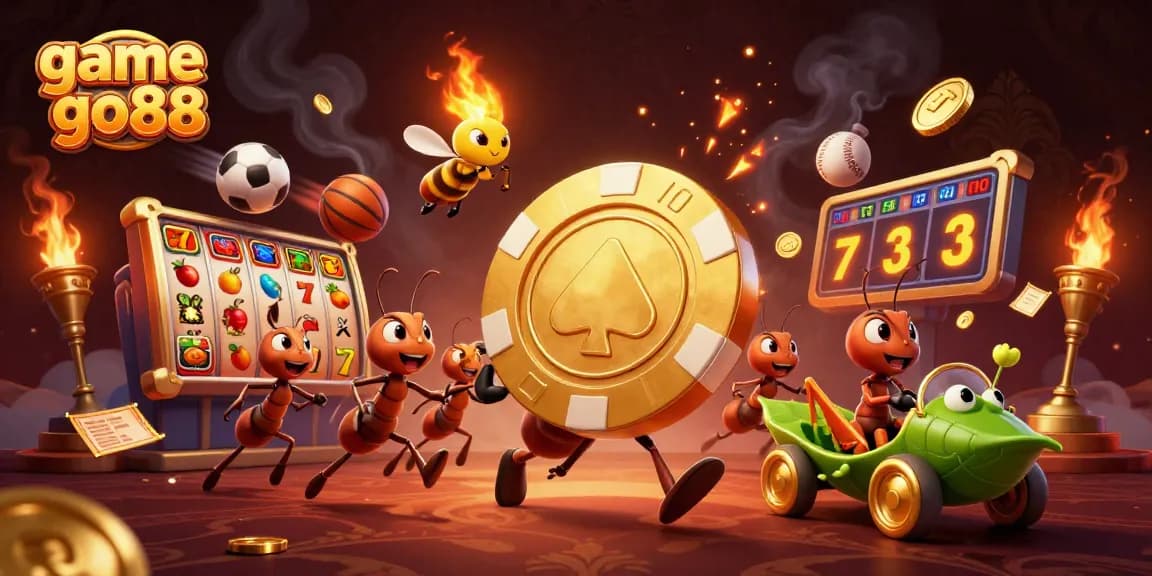 Play and win with game go88 as ants steal a giant poker chip in this vibrant casino scene.