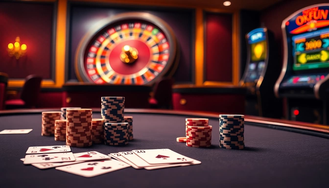 Experience thrilling gaming moments at OKFUN with vibrant poker tables and roulette wheels in a luxurious casino setting.