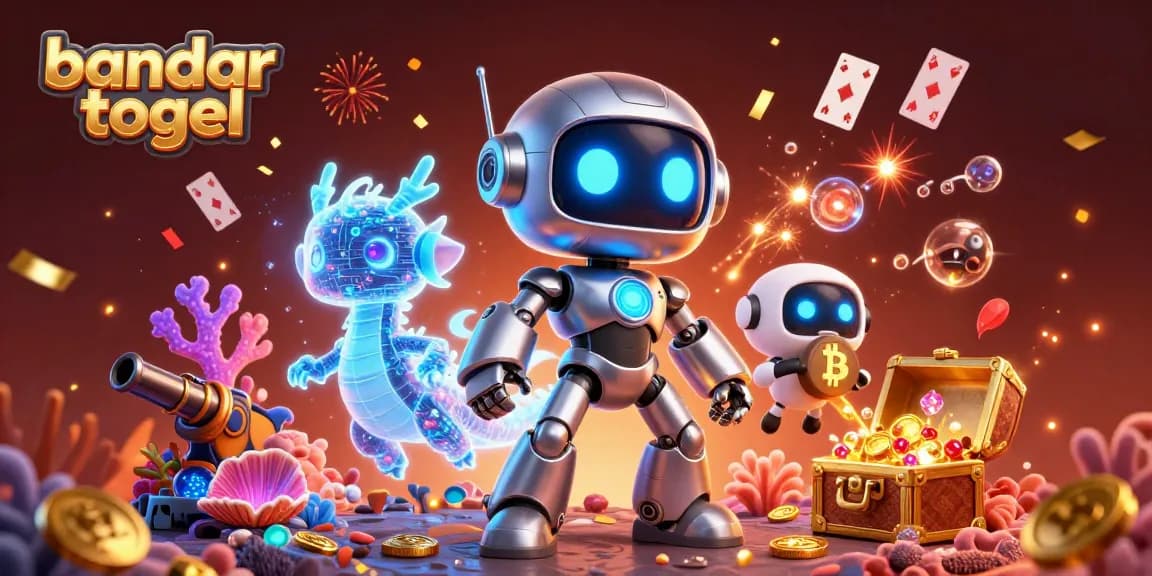 Engage in bandar togel with the vibrant scene featuring a cyberpunk robot and AI dragon amid treasures and casino elements.