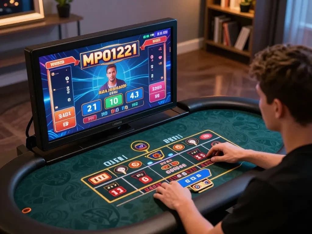Pemain MPO1221 terlibat dalam permainan meja online dari rumah dengan antarmuka yang cerah dan fokus.