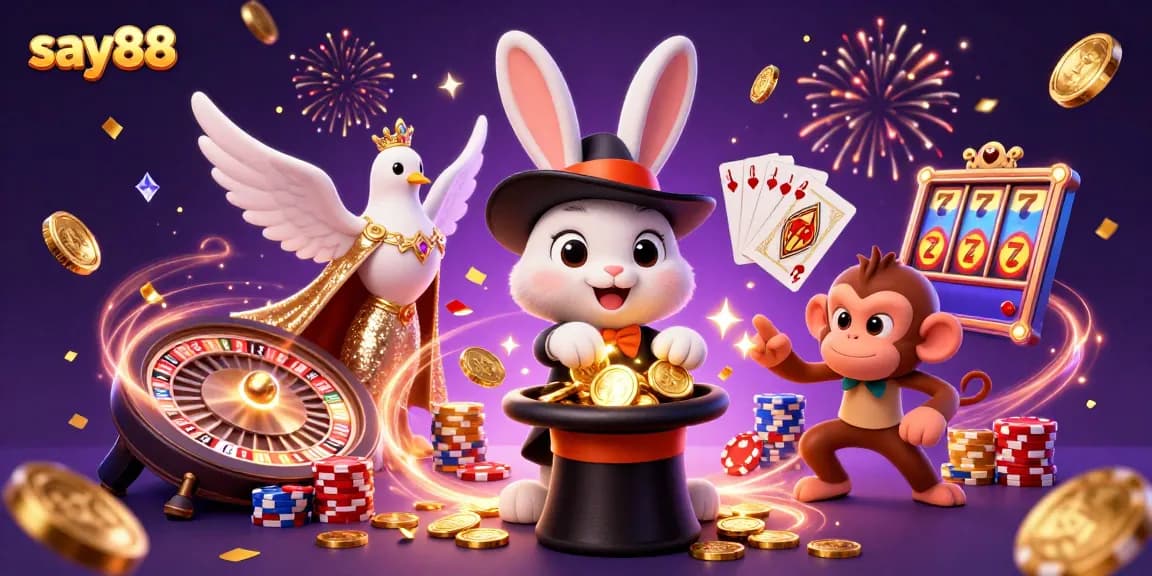 Experience thrilling wins with say88's vibrant 3D casino illustration featuring magical characters and casino elements.