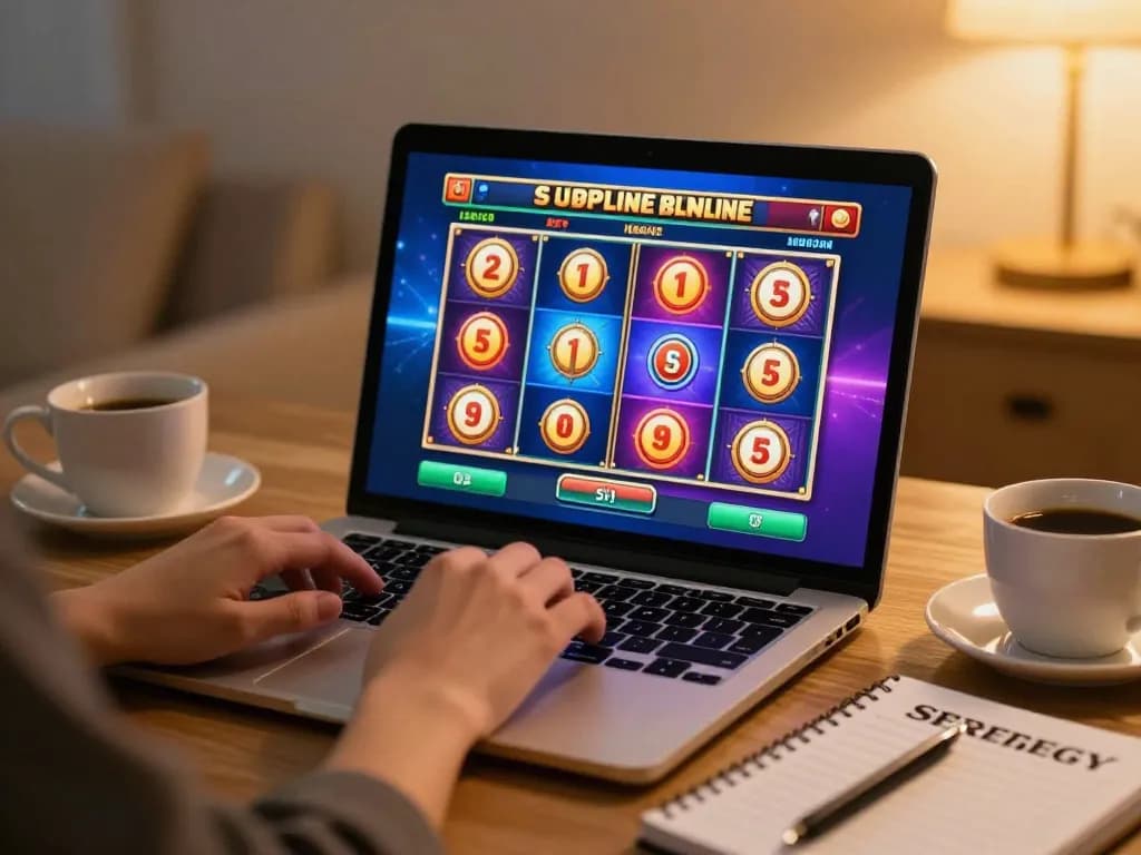 Engaging user with a slot online game interface displayed on a laptop in a cozy home setting.