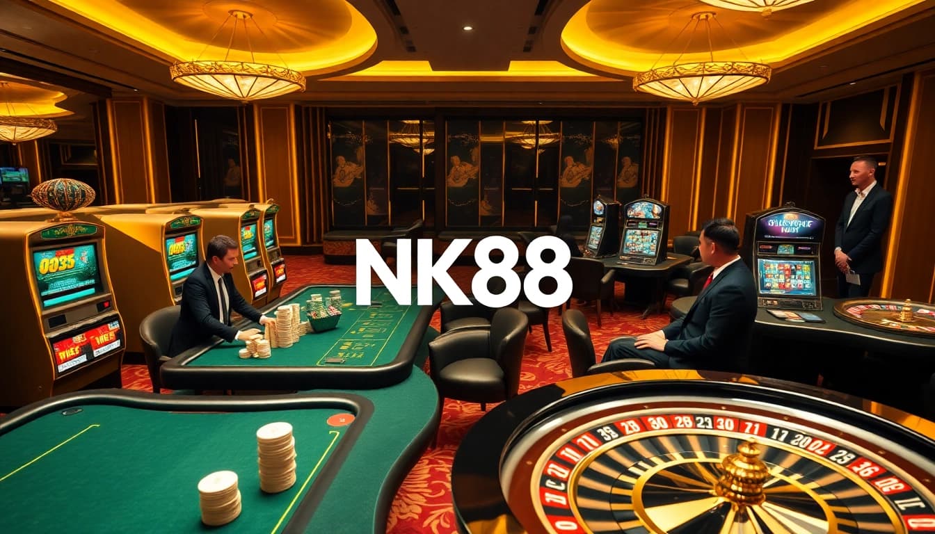 Playing poker at NK88's luxury online casino with vibrant chips and a spinning roulette wheel.