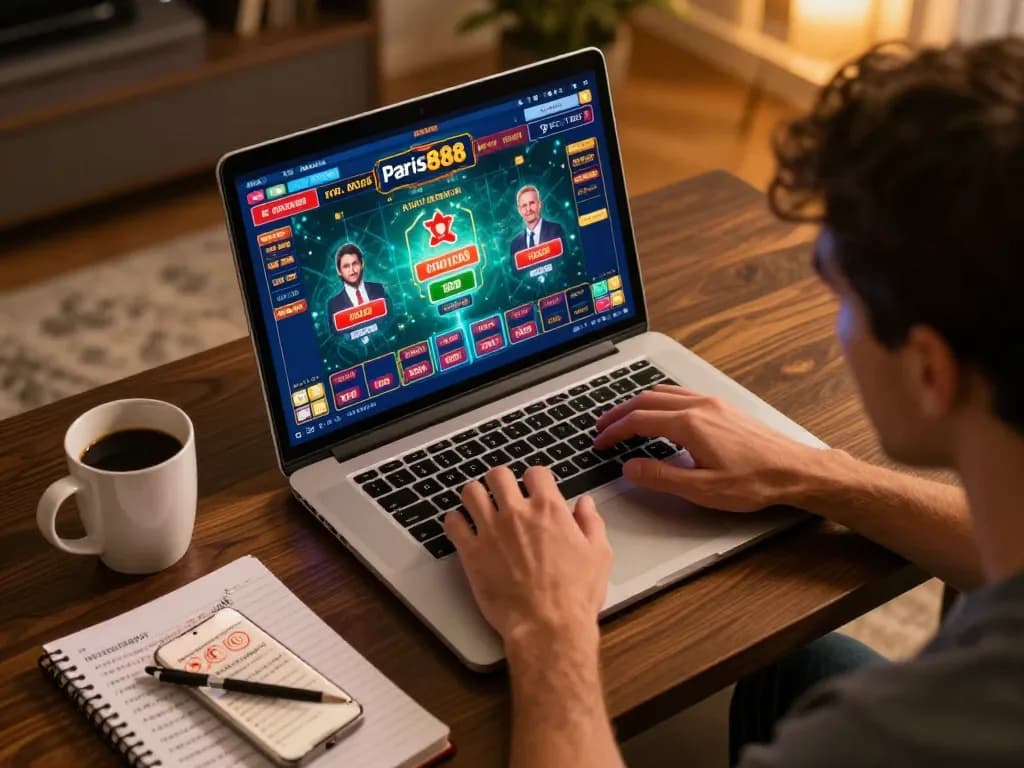 Player enjoying paris888 online slots on a laptop, showcasing strategic gaming at home.
