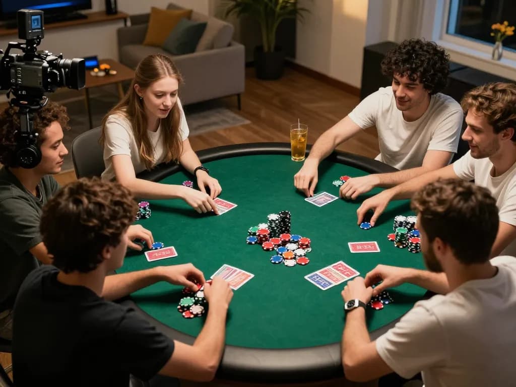Authentic poker game night at home in Papua New Guinea, friends engaged and enjoying strategic gameplay