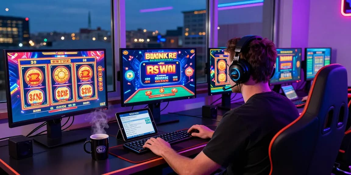 Exciting gameplay at non UK casinos, showcasing vibrant graphics and promotions on multiple screens.