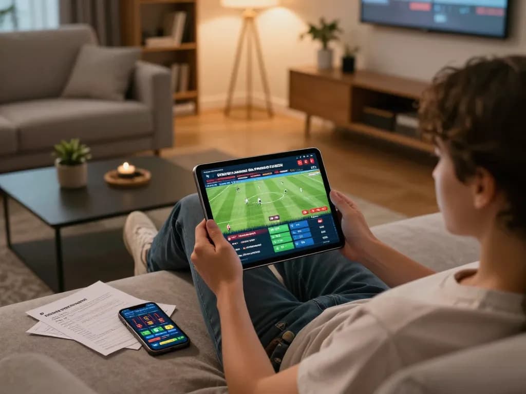 KQBD user engaged in live sports betting on a tablet in a cozy home setting, combining entertainment and strategy.
