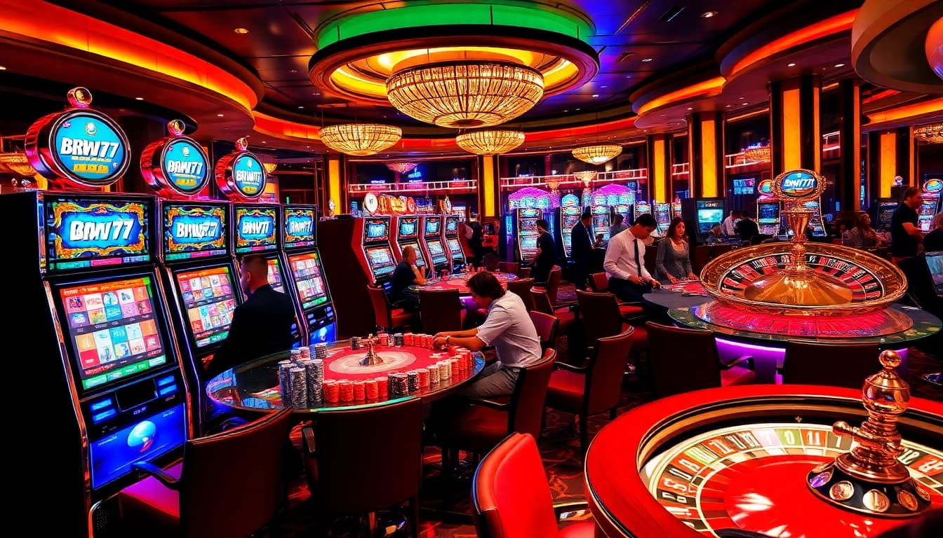 Bmw777 slot machines shine brightly in a luxurious casino setting, attracting eager players.