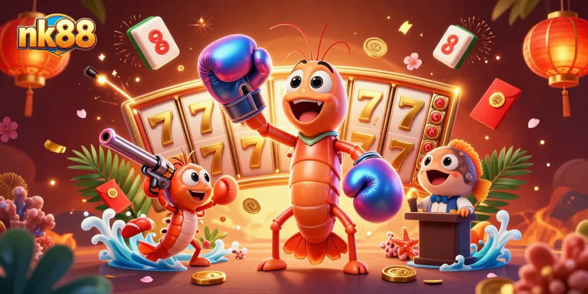 Engage with nk88's thrilling slot experience featuring vibrant shrimp characters and festive gaming elements.