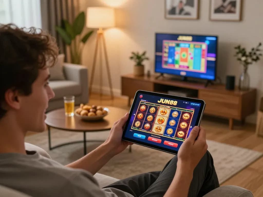 Person enjoying mobile gaming at home on JUN88 casino interface, showcasing vibrant slot graphics.