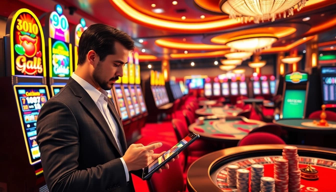 Engaging player at situs11 enjoying colorful slot machines in a luxurious casino setting.