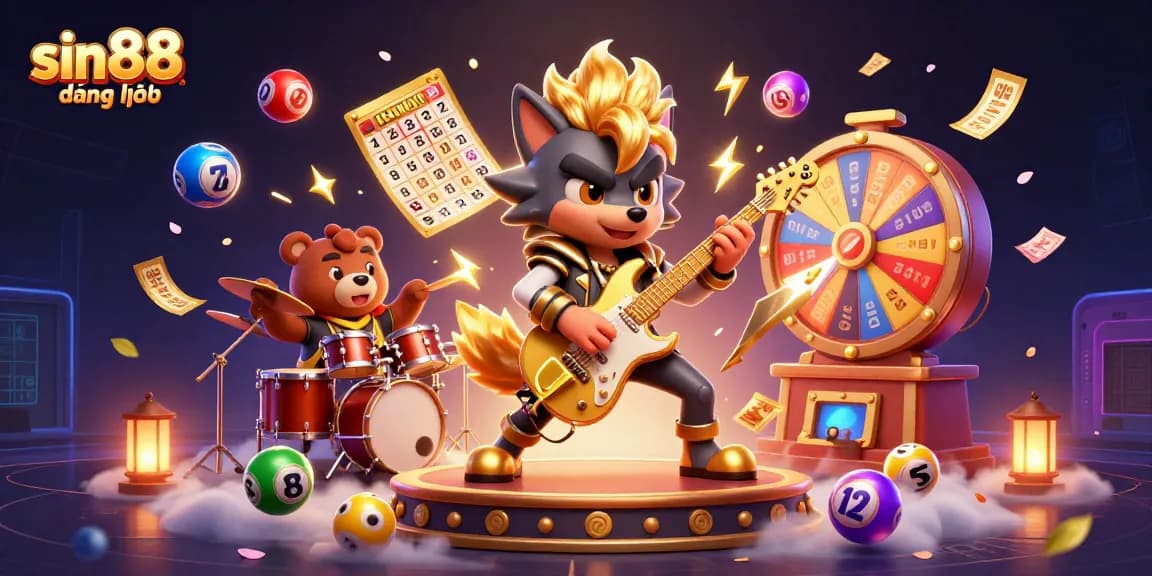 Play and win with sin88 đăng nhập featuring vibrant lottery balls, immersive casino elements, and dynamic characters.