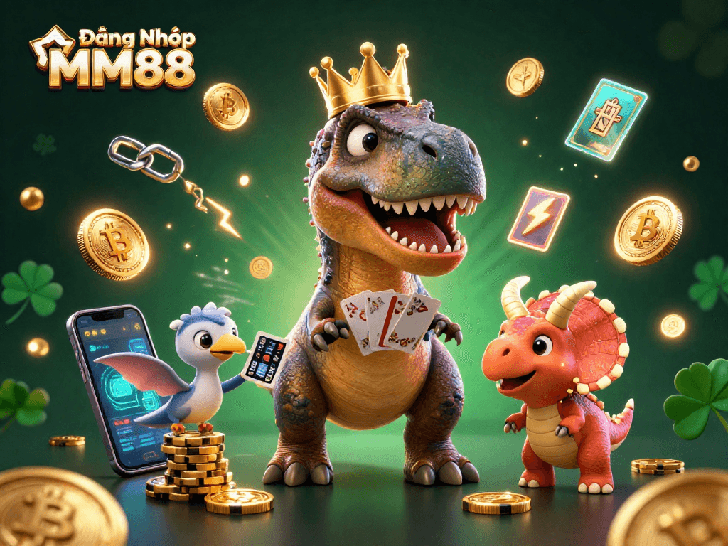 Engage with Đăng Nhập MM88 to shuffle cards alongside a T-Rex and collect golden chips in this vibrant casino scene.