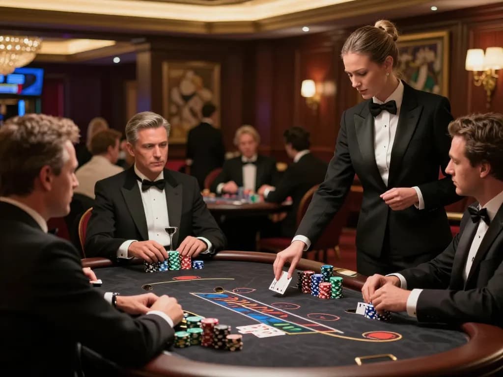 LV88 players strategizing their bets during an upscale blackjack game in an elegant casino environment