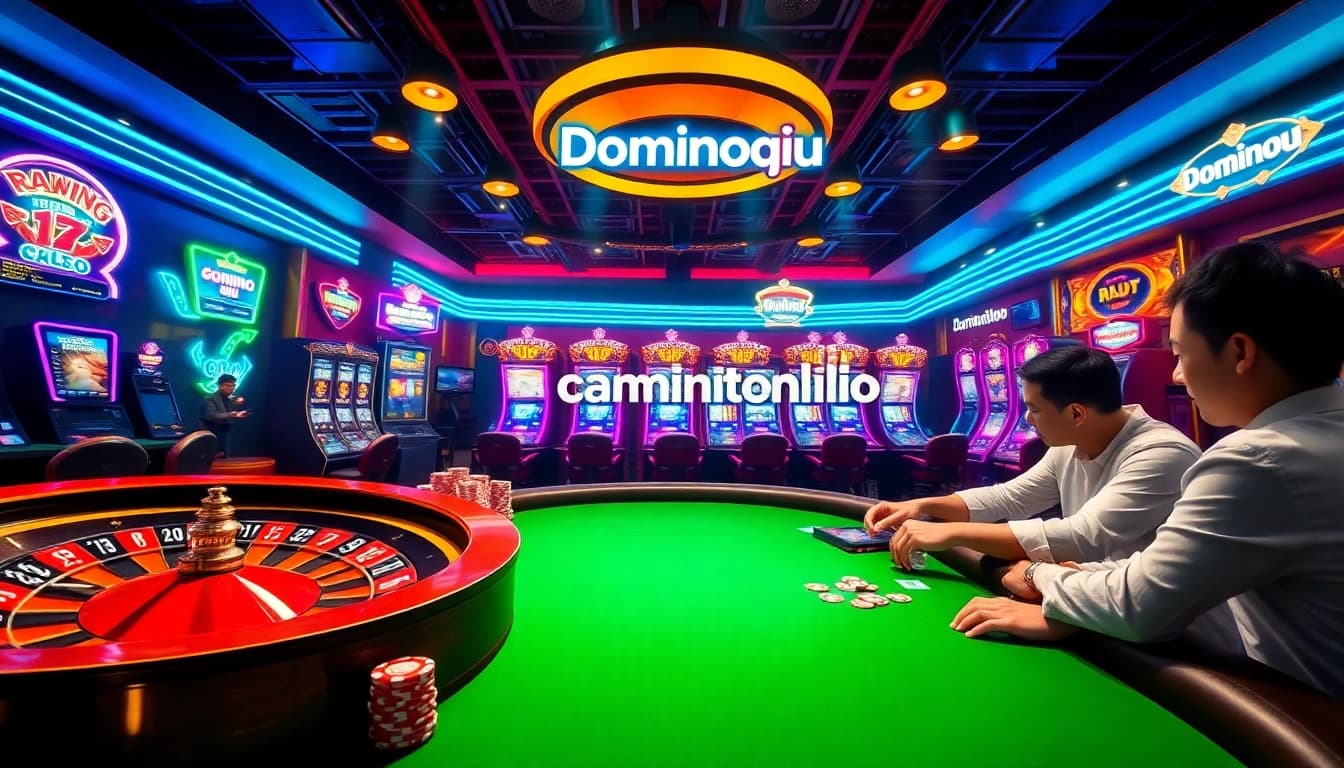 Engage with the Dominoqiu online poker experience amidst a luxurious casino setting featuring vibrant lights and classic gaming elements.