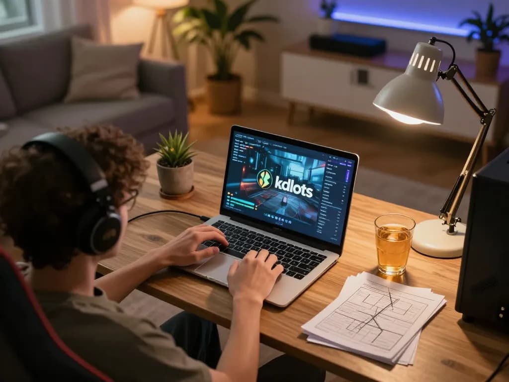 Person playing kdslots on laptop at home, showcasing engaging online gambling setup