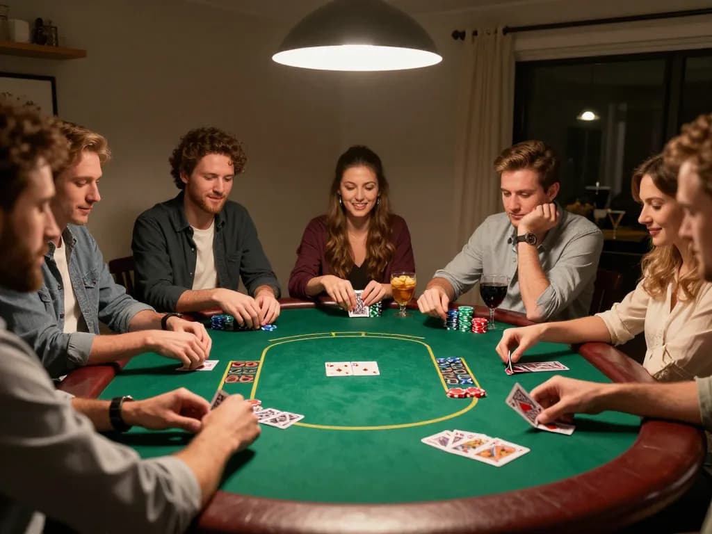 Friends enjoying an fn7 blackjack game at a cozy poker night with warm lighting and snacks.