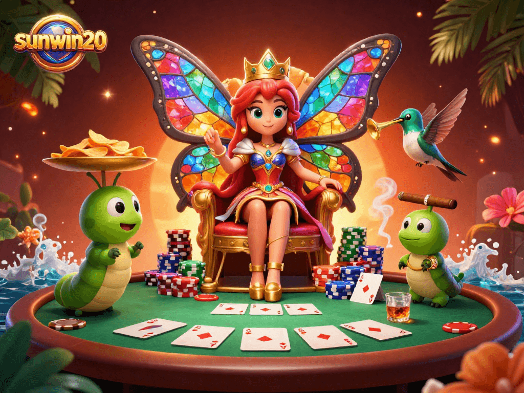 Experience sunwin20's thrilling casino scene filled with colorful poker elements and characters.