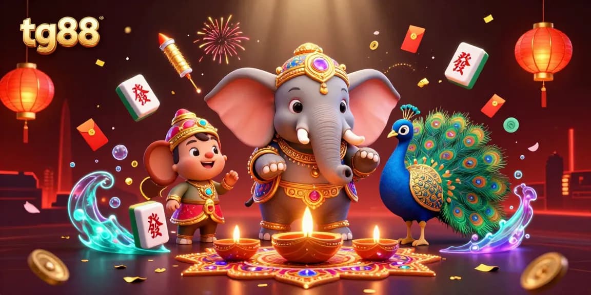 Spin the reels with tg88's vibrant 3D casino illustration and festive elements.