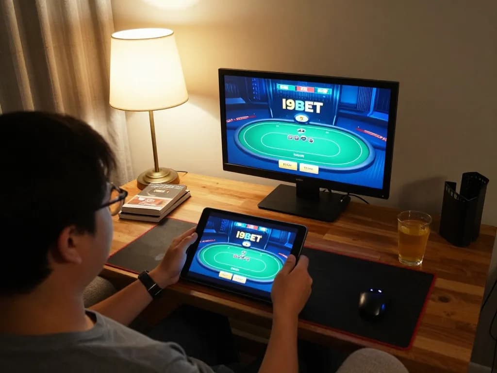 I9BET player engages in online poker from a cozy home setup, showcasing strategic gameplay.