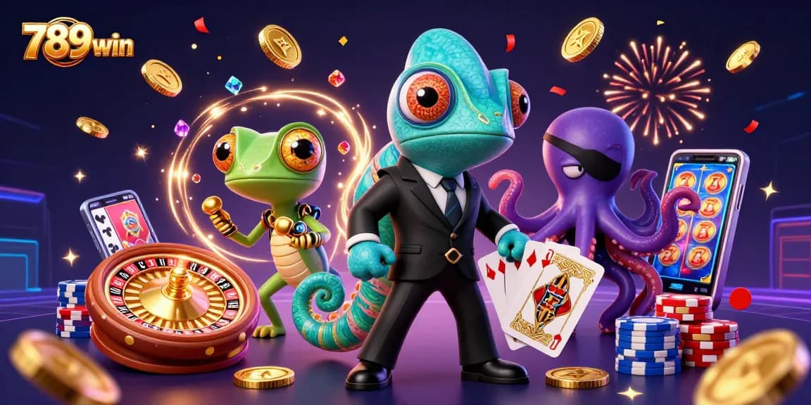 Experience thrilling 789win excitement with cascading coins and animated casino characters.