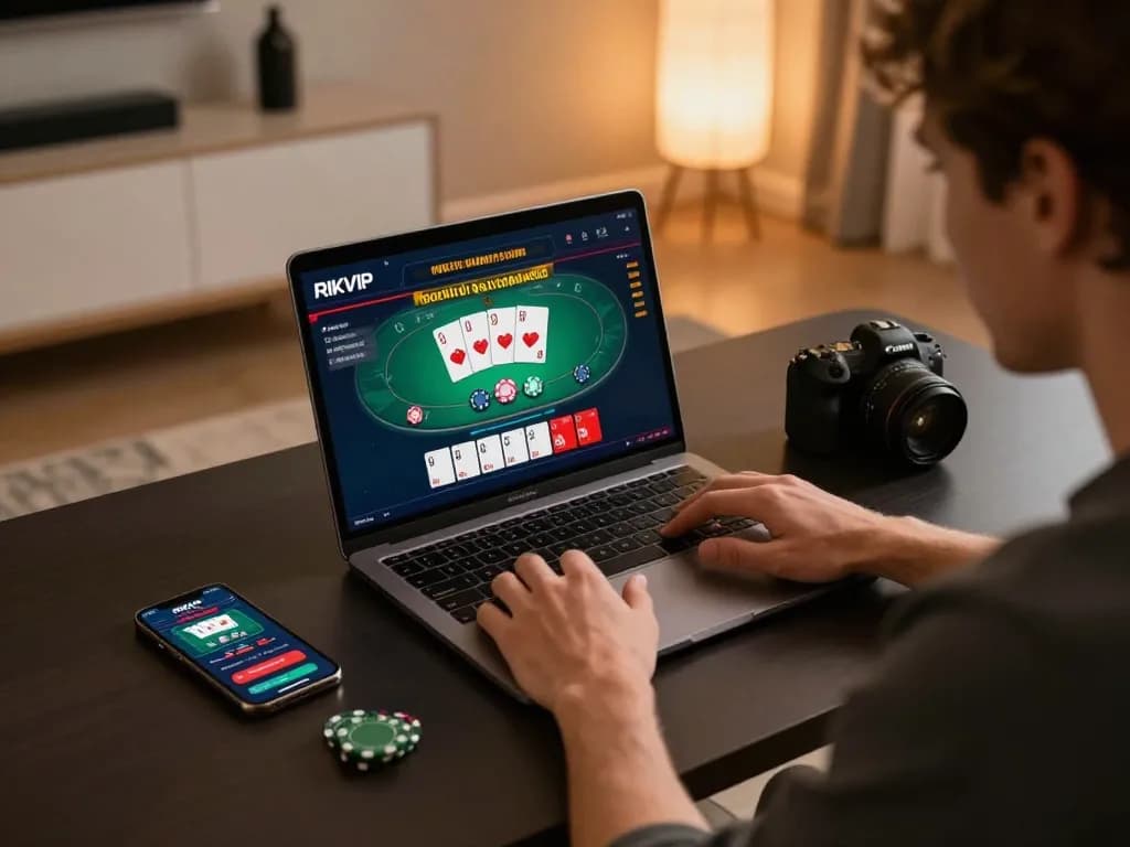 Engaging in RIKVIP online gaming on a sleek laptop with poker game interface visible.