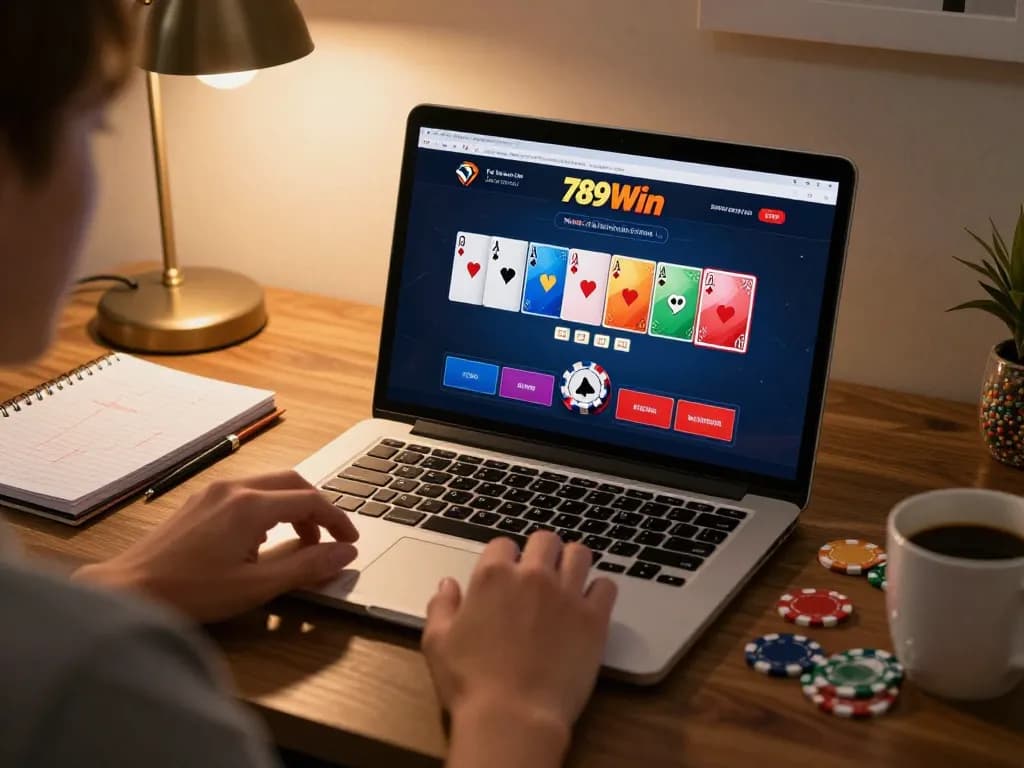 Player enjoying intense poker game on 789Win platform from a cozy home office setup.