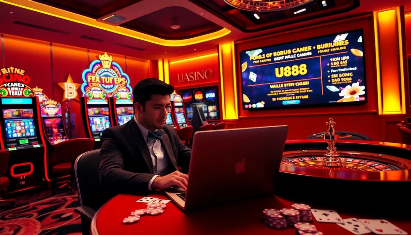 Experience the excitement of u888 login at a luxurious casino setting with vibrant gaming elements.