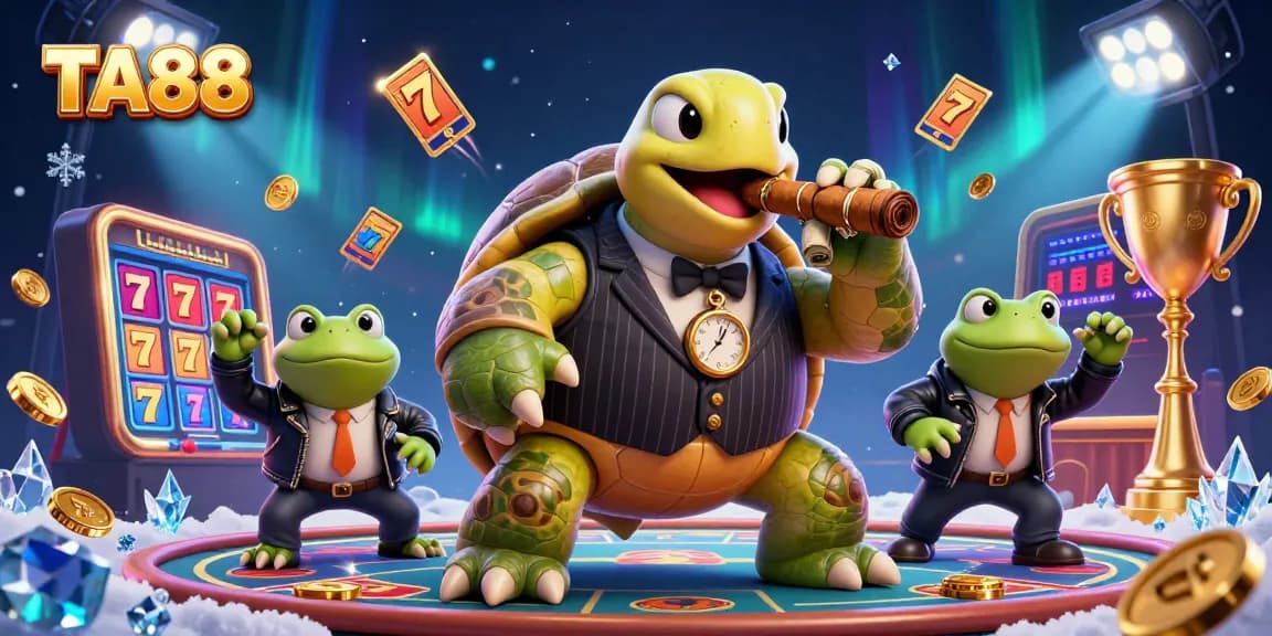 TA88 showcases a vibrant 3D casino scene with a massive turtle in a mobster suit, ideal for gamblers.